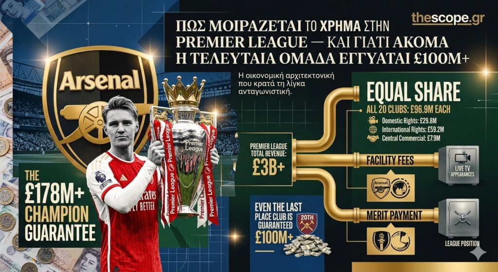 premierleauge Πώς μοιράζεται το χρήμα στην Premier League — και γιατί ακόμα η τελευταία ομάδα εγγυάται £100M+