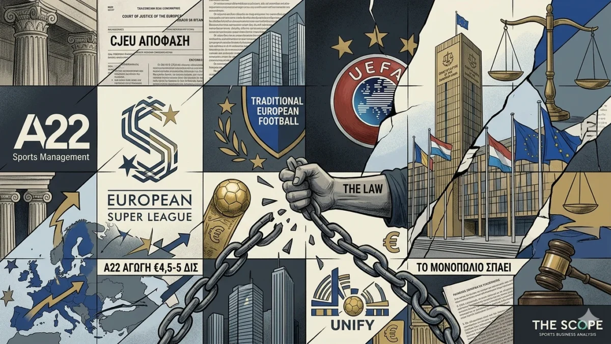 Στις 21 Δεκεμβρίου 2023, το CJEU αποφάνθηκε ότι η UEFA παραβίαζε το ευρωπαϊκό δίκαιο ανταγωνισμού. Δύο και πλέον χρόνια μετά, η A22 ζητά €4,5-5 δισ. αποζημίωση, η Real Madrid €4,5 δισ. ξεχωριστά, και η UEFA αμφισβητεί αν η νέα της νομοθεσία συμμορφώνεται. Τι αλλάζει δομικά.