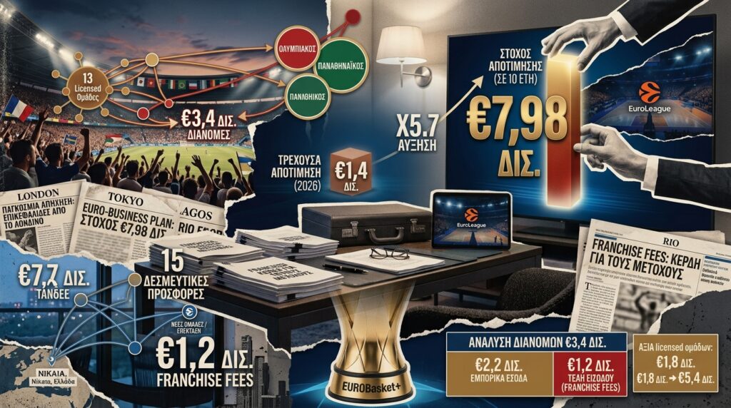 Η EuroLeague θέλει να αξίζει €7,98 δισ. σε δέκα χρόνια, περίπου 5,7 φορές την τρέχουσα αποτίμηση των €1,4 δισ., σύμφωνα με το δεκαετές business plan που ανακοίνωσε στις 16 Οκτωβρίου. Το σχέδιο εγκρίθηκε από όλους τους 13 μετόχους, ανάμεσά τους ο Ολυμπιακός και ο Παναθηναϊκός, και προβλέπει διανομές €3,4 δισ. προς τις ομάδες μέσα στη δεκαετία. Σήμερα οι ομάδες μοιράζονται περίπου €70 εκατ. τον χρόνο από το market pool και τα μπόνους της διοργάνωσης.