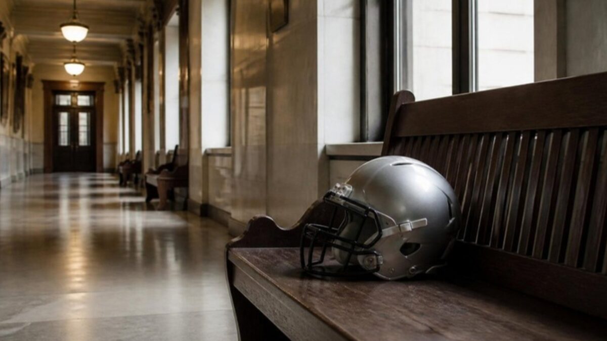 NCAA και στοιχήματα: κράνος αμερικανικού ποδοσφαίρου σε διάδρομο δικαστηρίου
